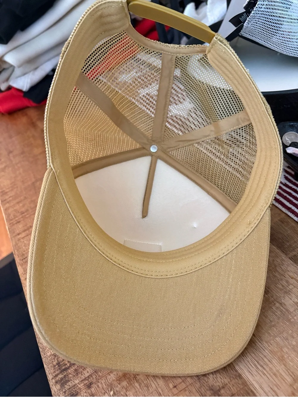 Vans Tan & White Checkerboard Trucker Hat with Peace Pin